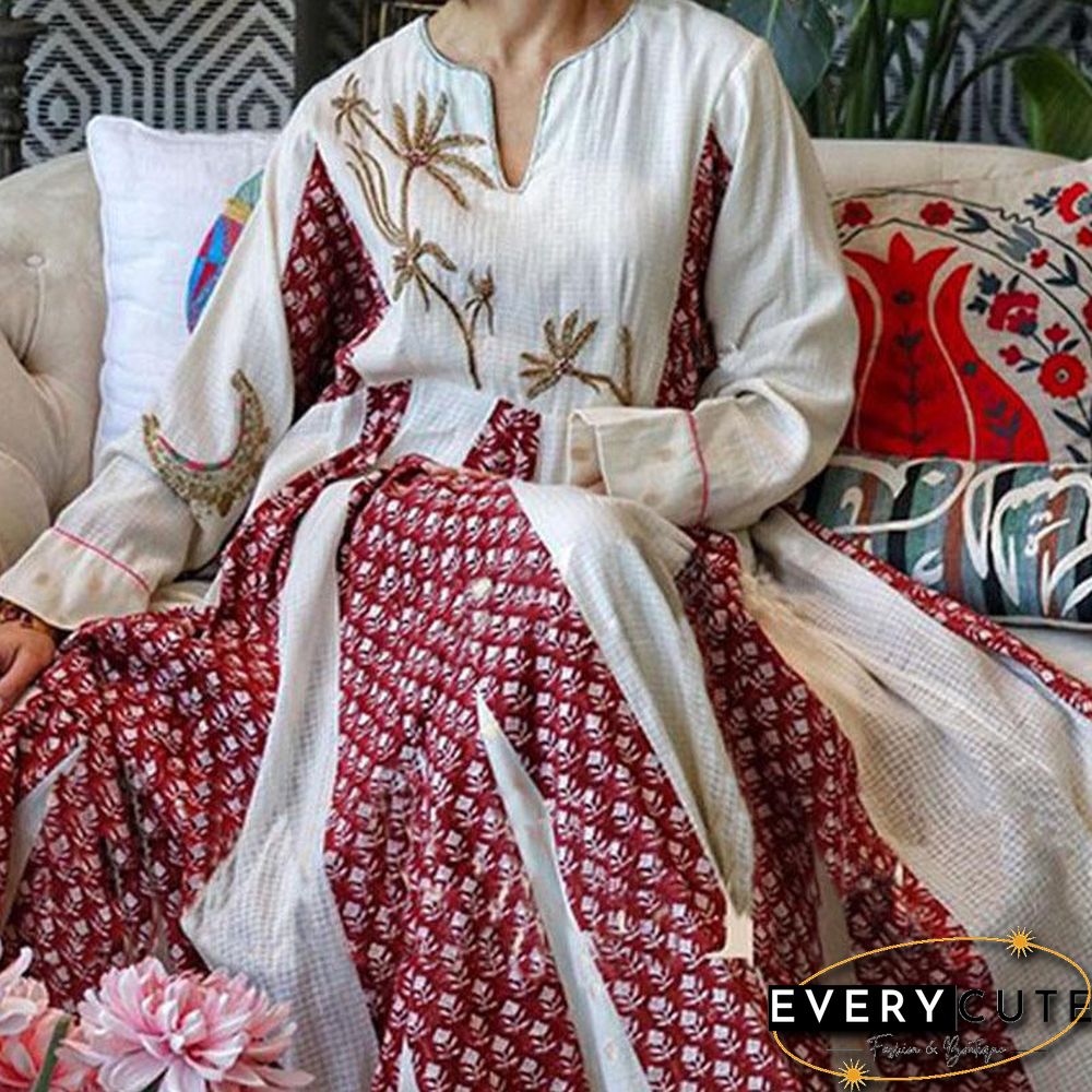 Red Printed Embroidery Loose Maxi Dress