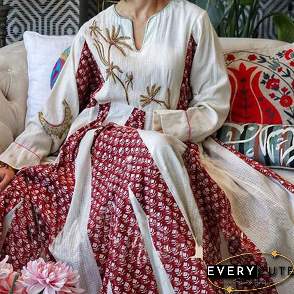 Red Printed Embroidery Loose Maxi Dress
