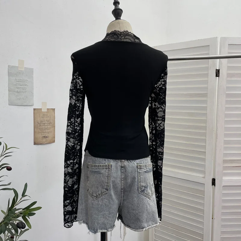 Nigikala Nigikala Shooting Babes V-Neck Lace Lace Splicing Belt Long Sleeve Design Irregular Short Bottom Top 2752