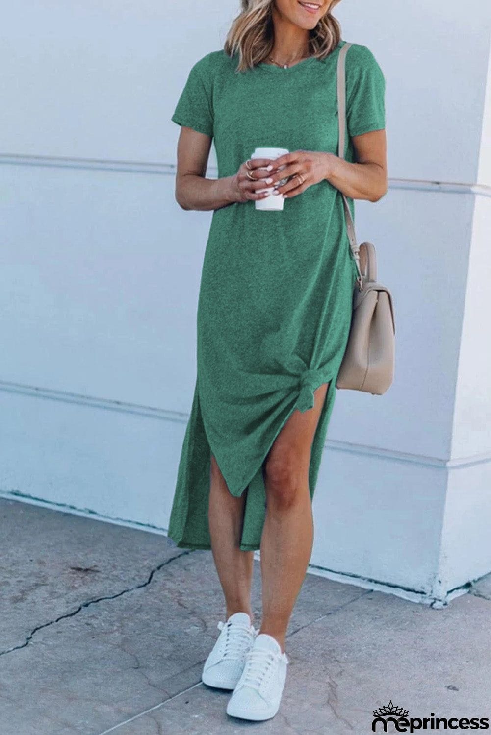Casual Short Sleeve T-shirt Midi Dress with High Splits