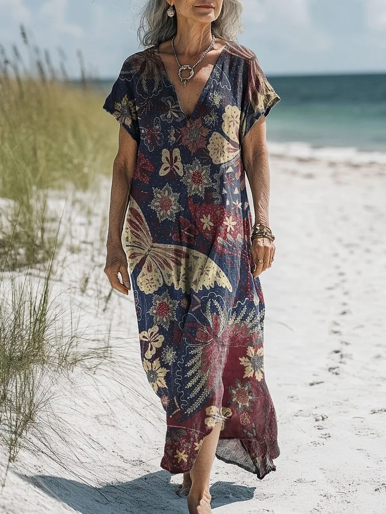 Women's Vintage Flower Art Print Pocket Cotton Dress