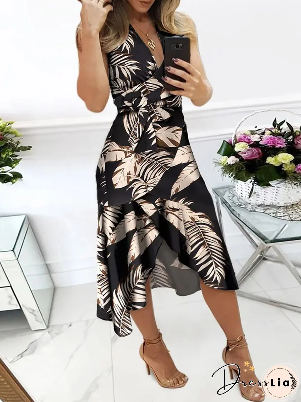 Sexy Sleeveless V-Neck Office Commuter Dress New Summer Retro Ruffle Midi Dress Women Printed Pattern Tie Waist Asymmetric Dress