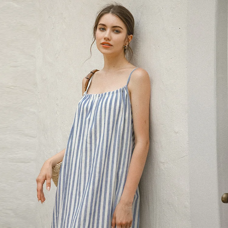 Bjmingjian Vintage Striped Cotton Linen Long Dresses For Women Sexy Halter Bandage Lace Up Maxi Elegant Party Dresses Summer Boho Sundress