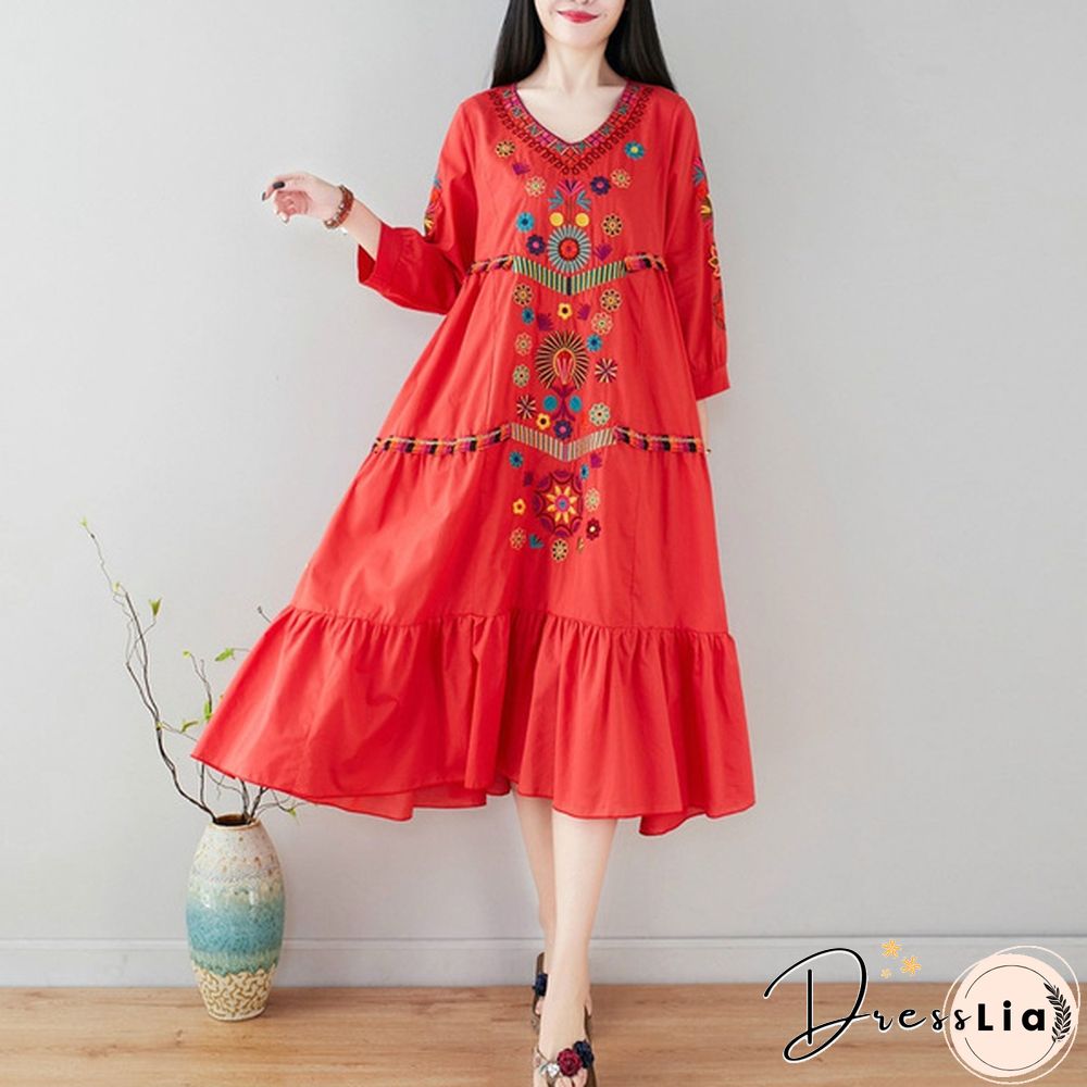 Women Dress Midi Linen Ethnic Floral Embroidery Tunic Beach Boho Holiday Hippie