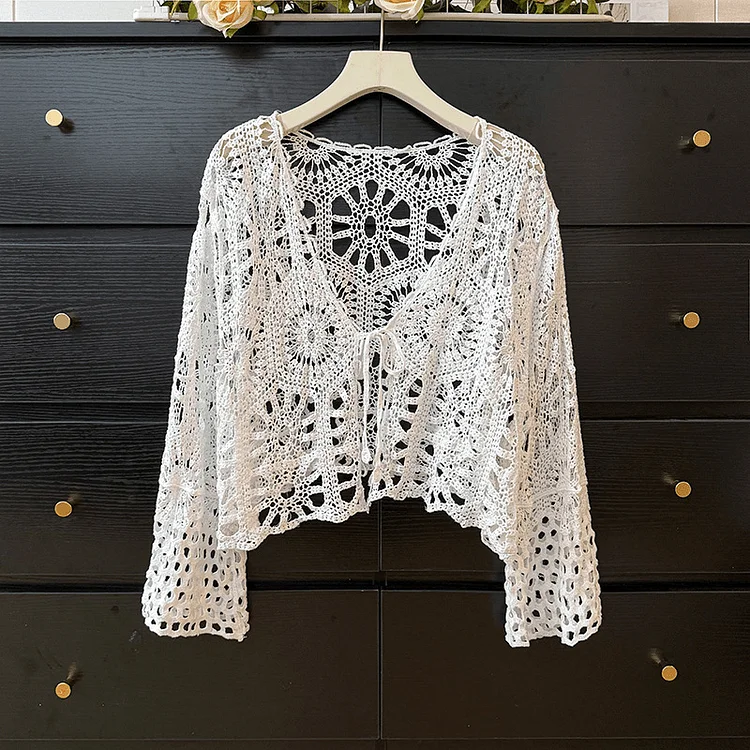 VChics Boho Mandala Hollow Crochet Tied Cardigan