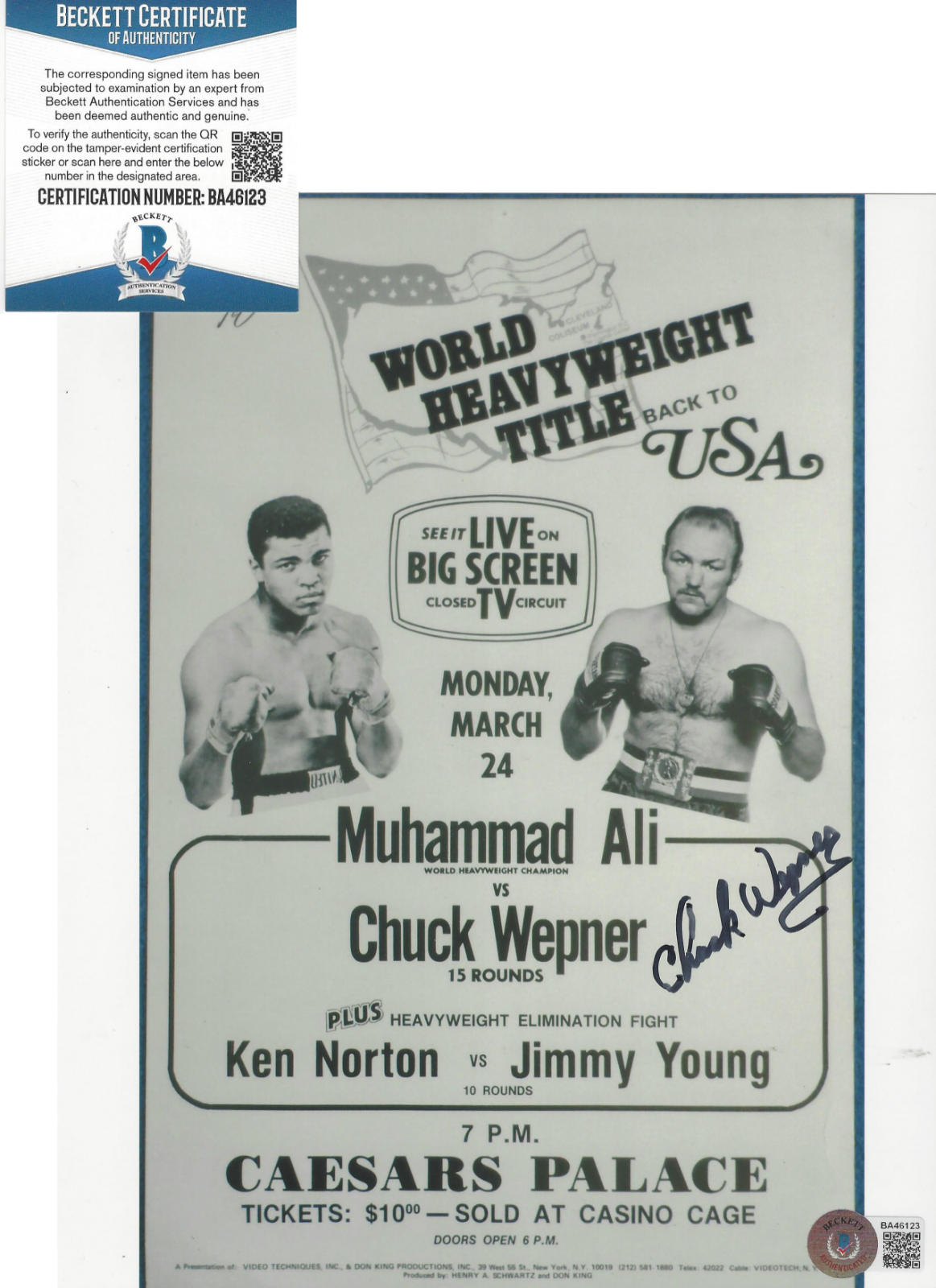 BOXER CHUCK WEPNER SIGNED 8x10 Photo Poster painting ROCKY - MUHAMMAD ALI FIGHT BECKETT COA BAS