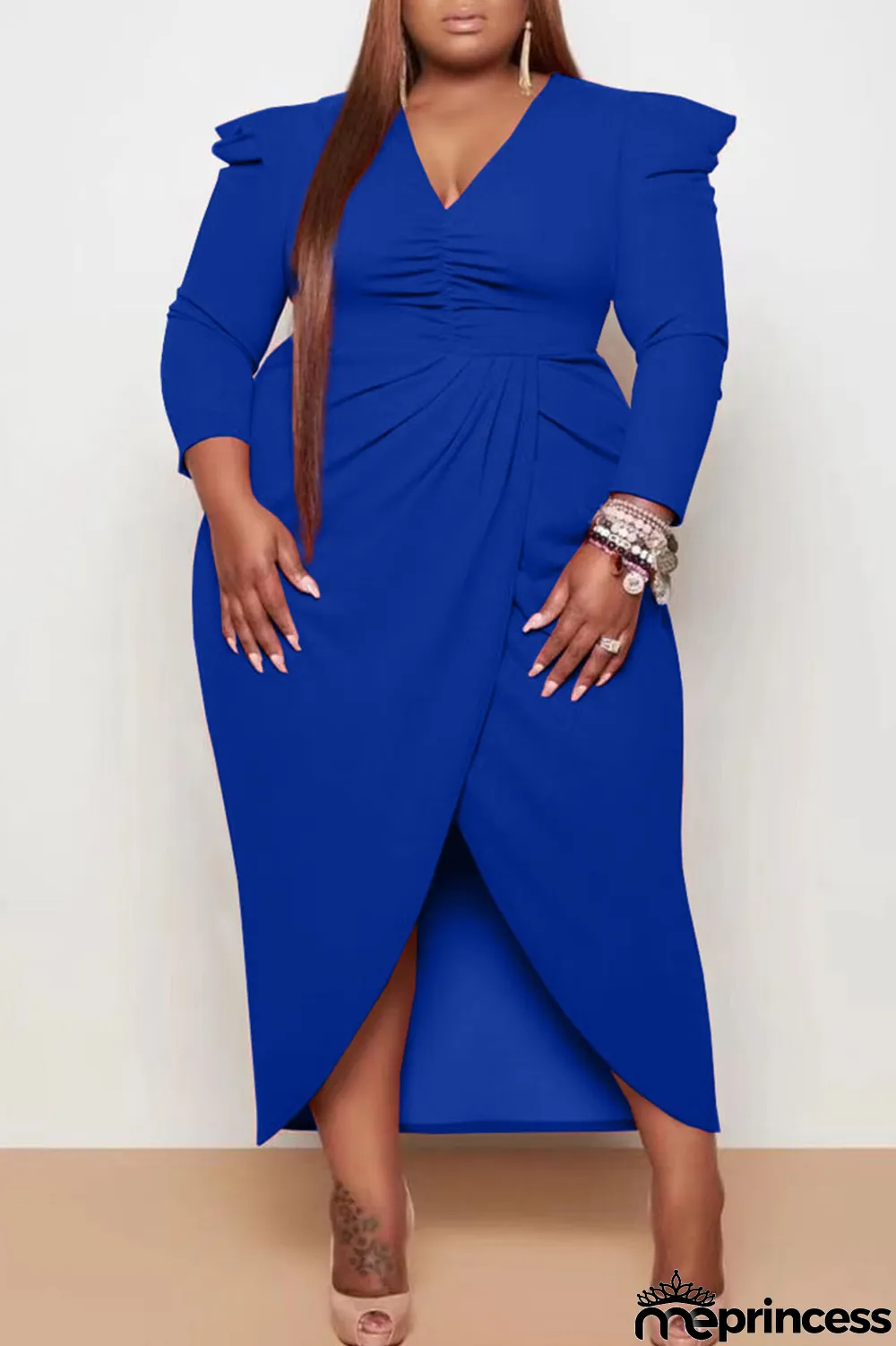 Rose Red Casual Solid Patchwork Fold Asymmetrical V Neck Princess Plus Size Dresses