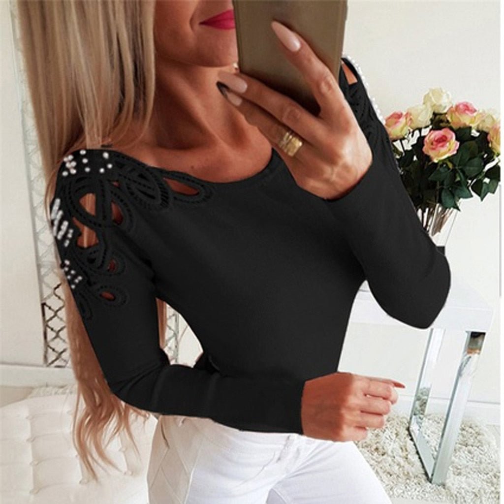 Fashion Bling Beading Hollow Blouse Casual Winter Ladies Sexy Slim Bottom Tops Female Women Long Sleeve Shirt Blusas Pullover