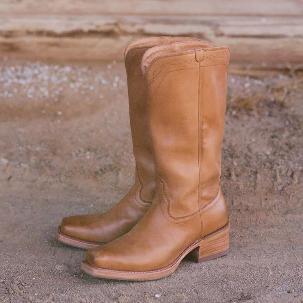 Fashion Tan Square Toe Stitching Mid Calf Women's Western Boots