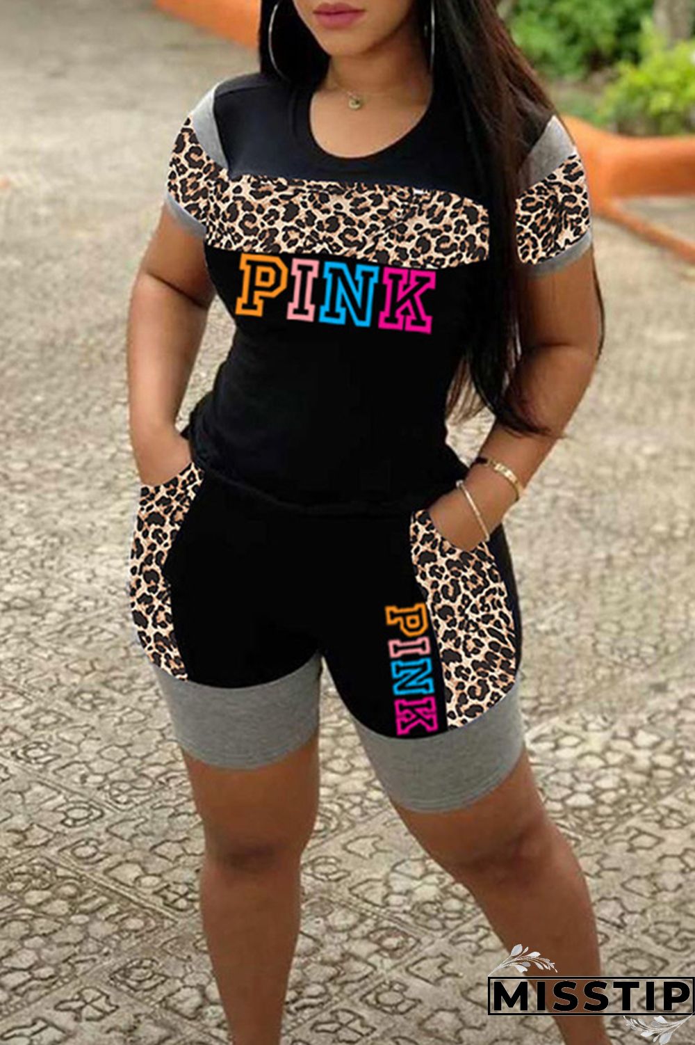 Black Fashion Casual Letter Print Leopard Patchwork O Neck Short Sleeve Two Pieces