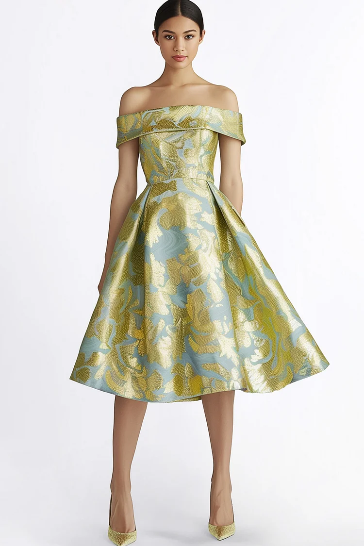 Zaruci Cocktail Green Satin Off The Shoulder Jacquard Midi Dress [Pre-Order]