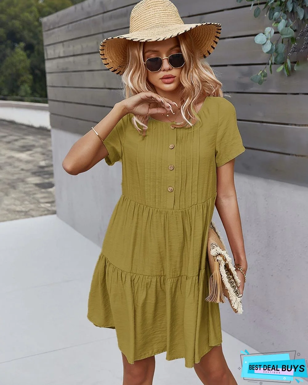 Women's Solid Color Dress Spring and Summer Short Sleeve Cotton Skirt