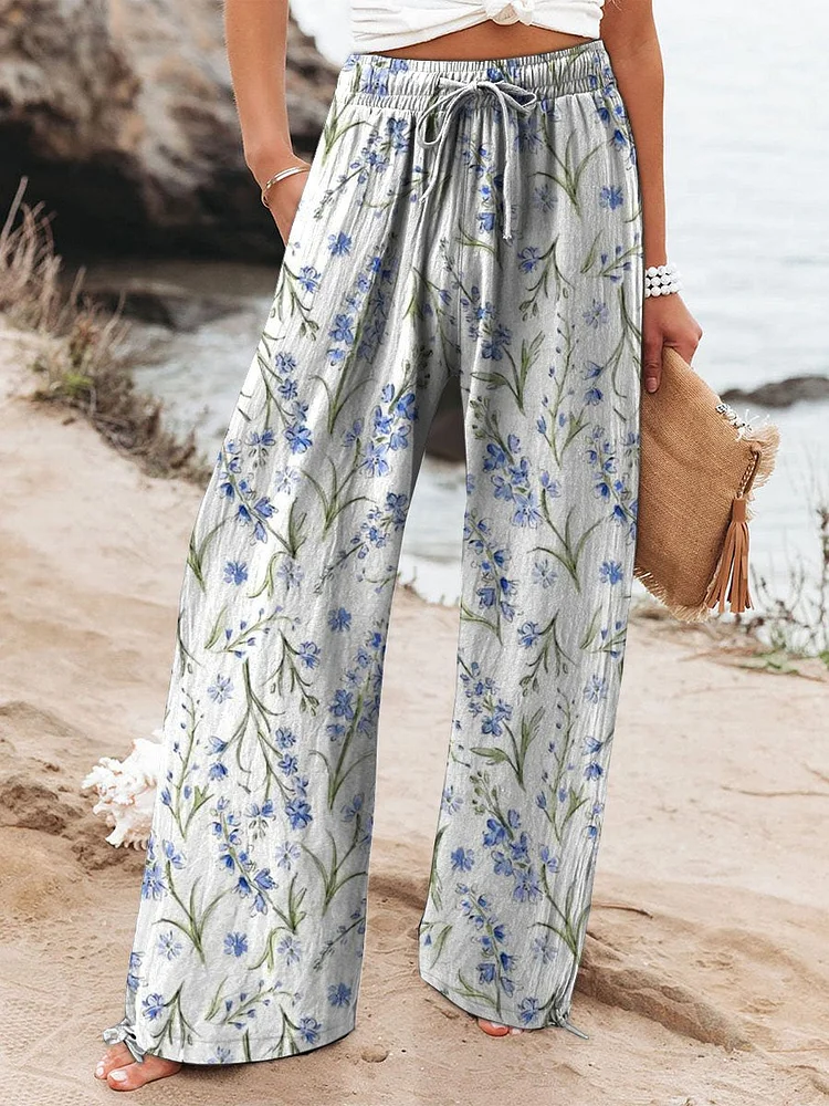 Women's Vintage Floral Art Printed Cotton And Linen Casual Pants