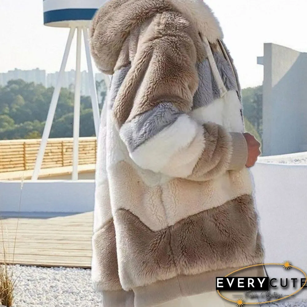 New Winter Womens Fashion Jacket Hooded Warm Plush Loose for Women Patchwork Outerwear