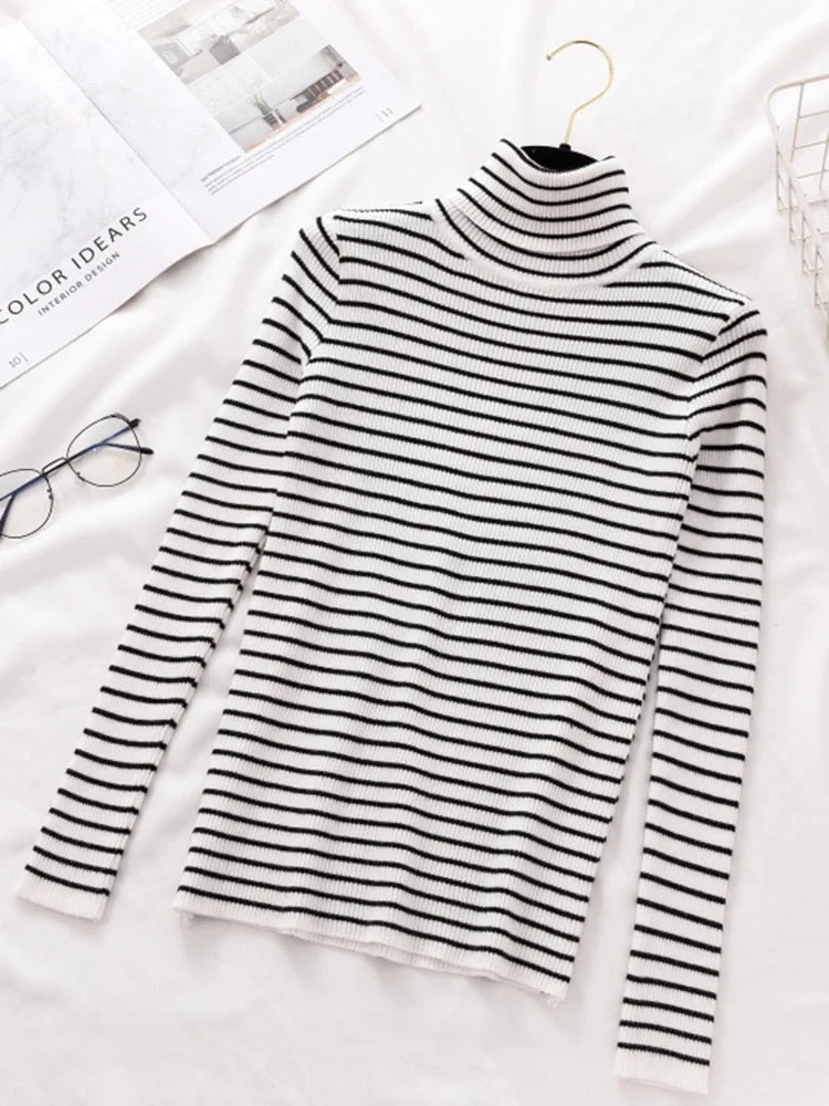 Women Vintage Black and White Striped Knitted Sweater Long Sleeve Turtleneck Slim Warm Casual Pullover 2021 Winter Fashion Tops