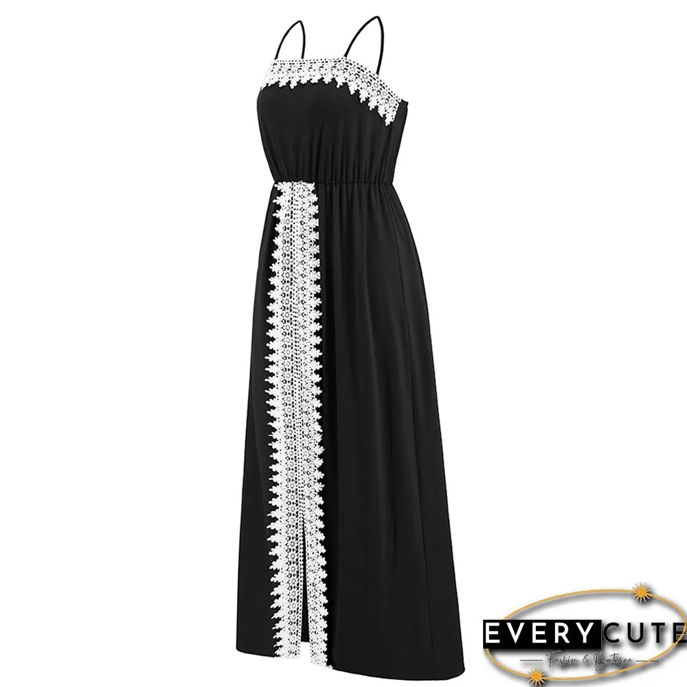 Black Spliced Lace Trim Spaghetti Straps Dress