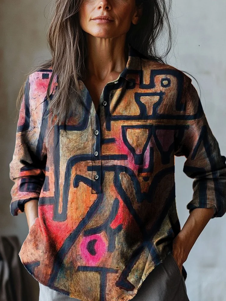 Women's Abstract Black Art Print Casual Cotton And Linen Shirt
