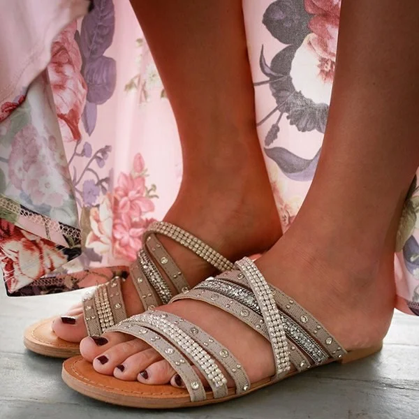 Khaki Summer Women's Slide Sandals Open Toe Beaded Flat Studs Shoes |FSJ Shoes