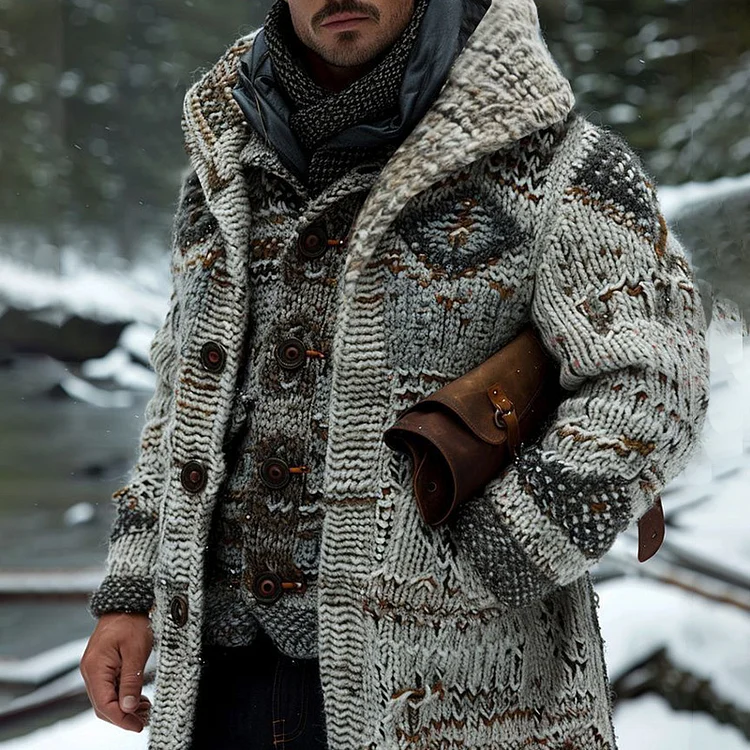 VChics Men's Fairman Island Vintage Geometry Pattern Hooded Cardigan
