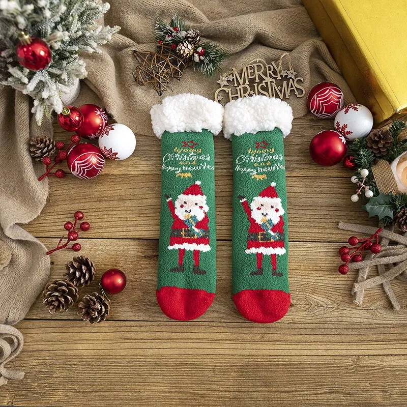 Christmas Gift Floor Socks Women Winter Warm Socks Santa Thick Plush Anti-slip Silicone Female Sleeping Home Sox Harajuku Style