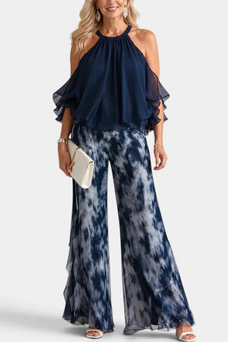 Ruffled Halter Top with Tie-Dye Wide Leg Pants