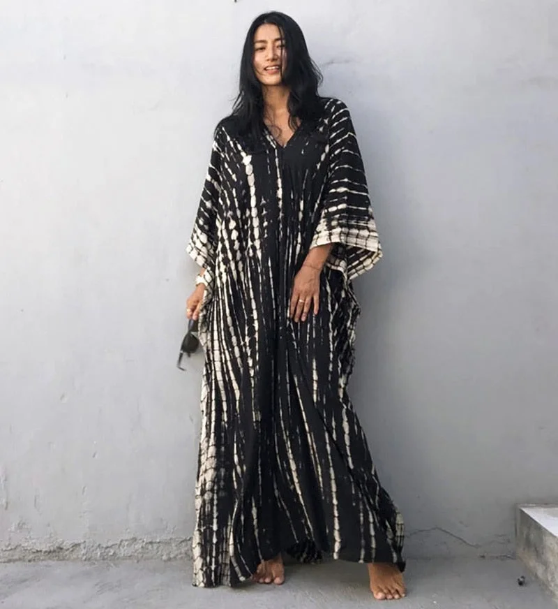 Fitshinling Halo Dyeing Vintage Beach Long Dress Women V Neck Oversize Robe Side Split Loose Kaftan Holiday Boho Maxi Dresses