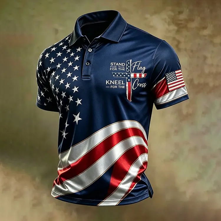 Men's American Flag Print Cross Faith Art Polo Shirt