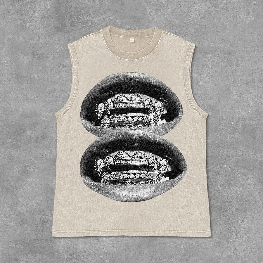Unisex Lip Graphic Print Casual Acid Washed Sleeveless Tank Top