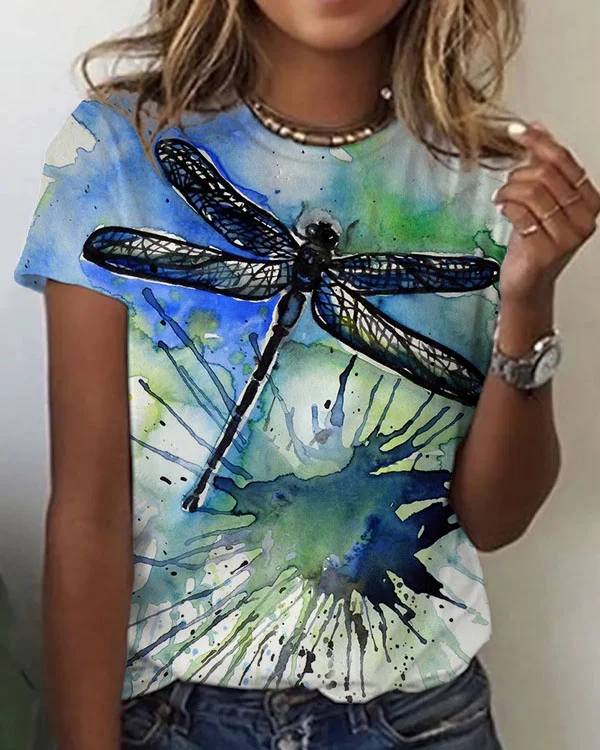 Women's Dragonfly Pattern Crew Neck T-shirt