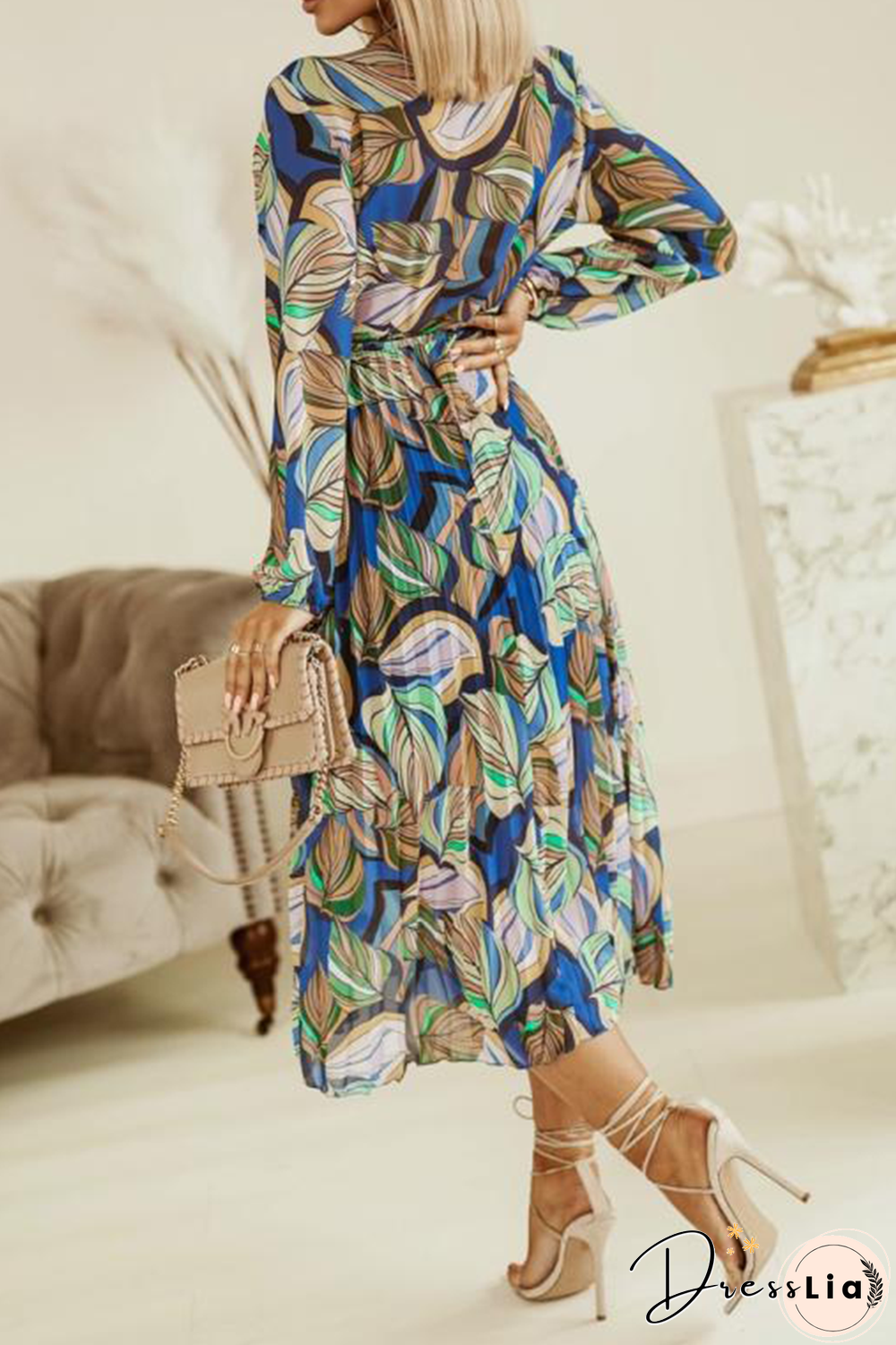 Casual Print Split Joint Turndown Collar Waist Skirt Dresses(3 Colors)