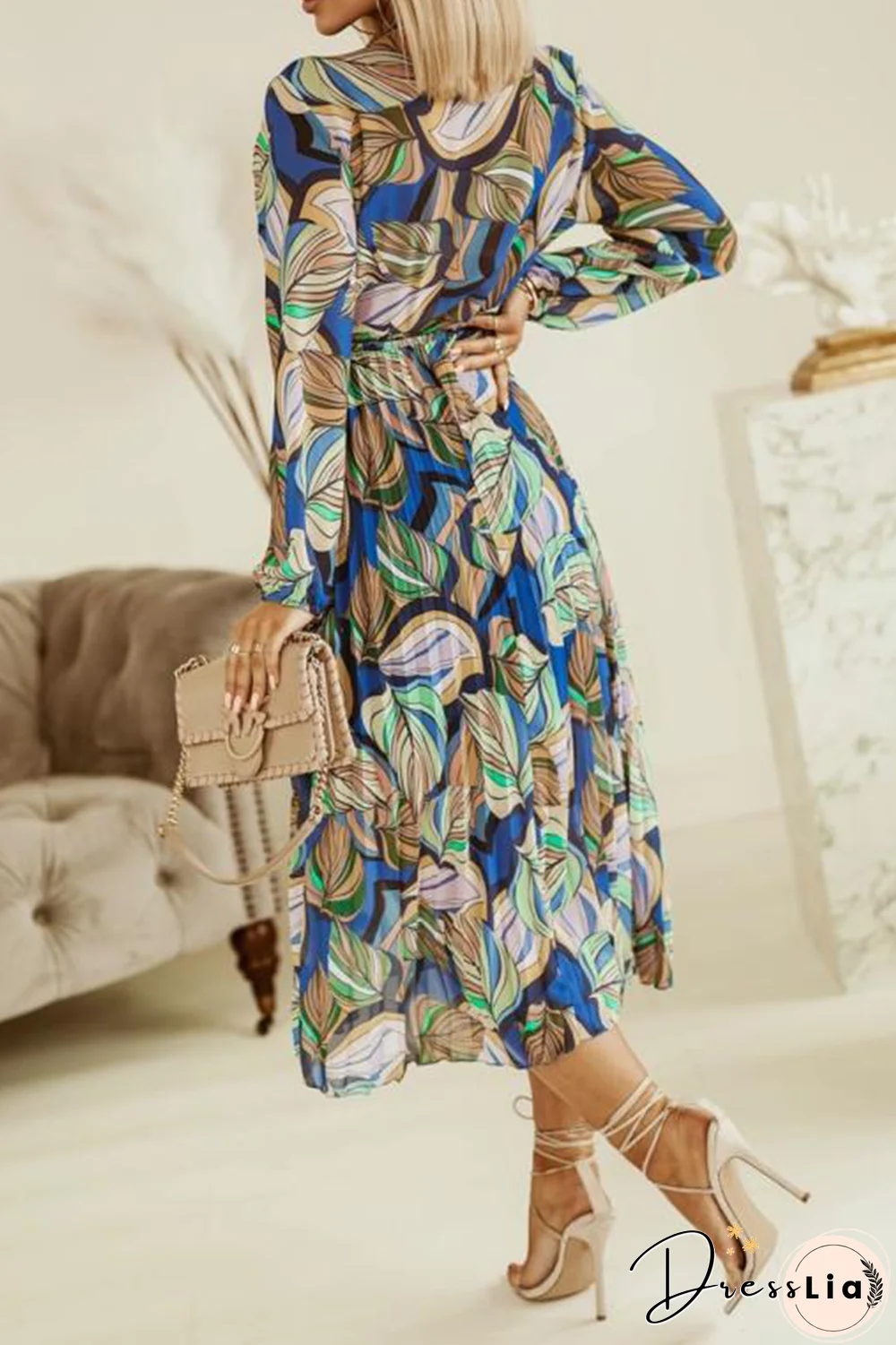 Casual Print Split Joint Turndown Collar Waist Skirt Dresses(3 Colors)