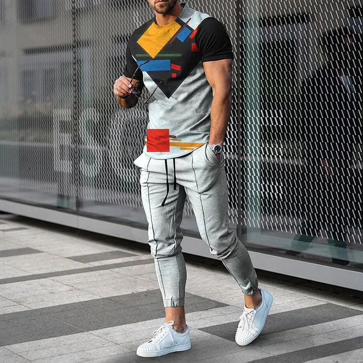 Men's Abstract Geometric Line Splice Casual Short Sleeve T-Shirt And Pants Co-Ord
