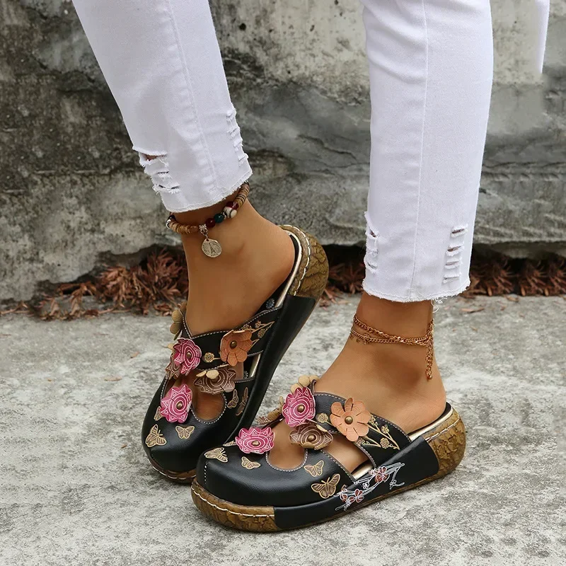 Women's Vintage Tribal Style Floral Slide Sandals Wedge Mule Shoes Clogs Slippers