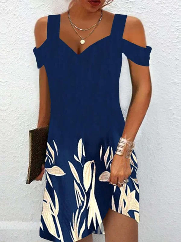 A-Line High Waisted Hollow Leaves Print Cold Shoulder Mini Dresses