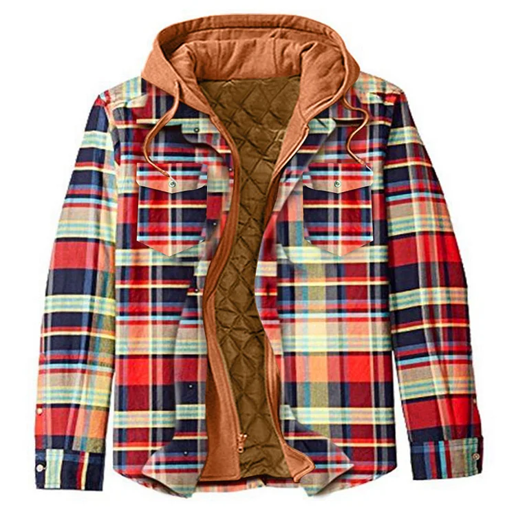 Mens Sherpa Fleece Casual Plaid Hooded Jackets