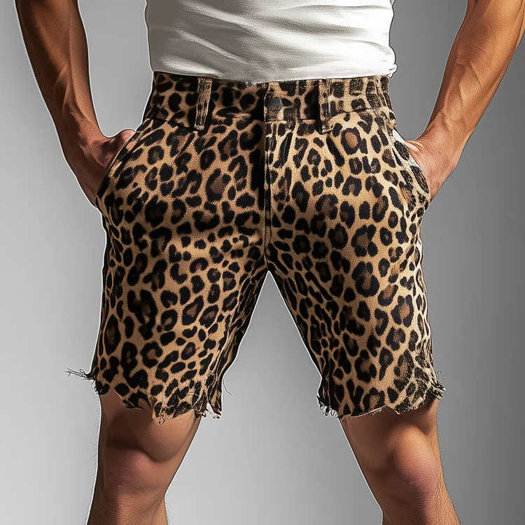 Okaywear Leopard Denim Slant Pocket Irregular Hem Shorts 