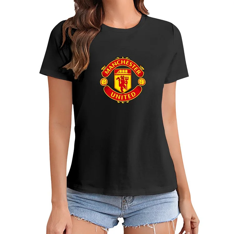 Manchester United White Letters T-Shirt À Col Rond À Manches Courtes Gildan Pour Femme