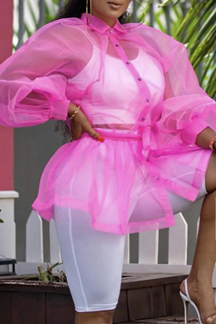 Plus Size Pink Casual Button Lapel Collar See Through Tulle Bubble Blouses [Pre-Order]