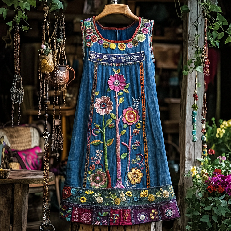 Utbros Vintage Bohemian Floral Denim Art Sleeveless Dress