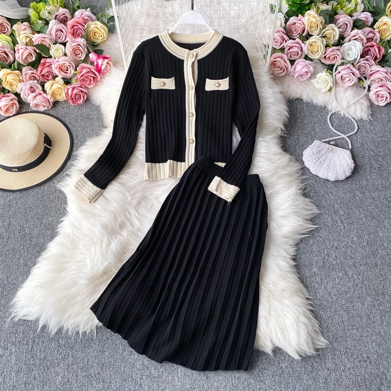High Quality 2022 Spring Fall Knit 2 Piece Set Women Office Lady Single Breasted Sweater Cardigan + Pleated Long Skirt Suit Sets
