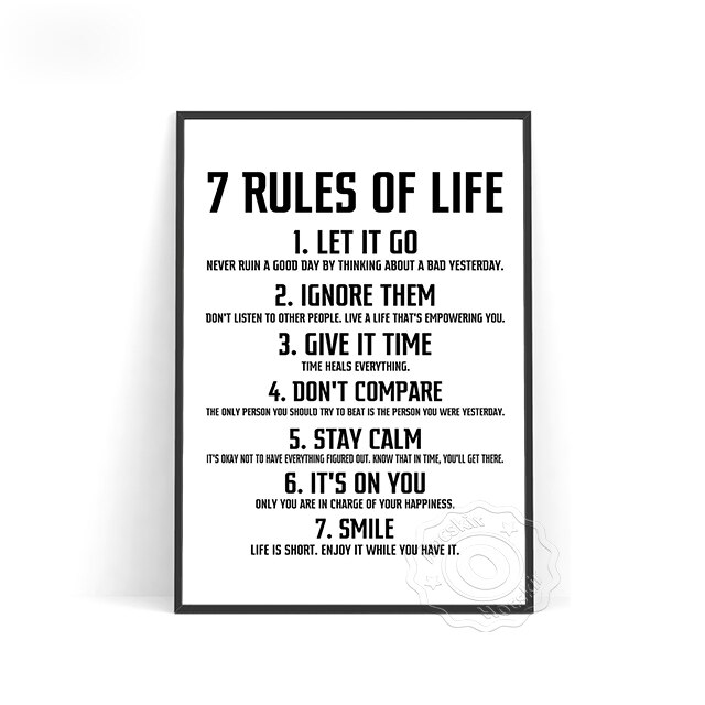 Inspirational Words Wall Decor, 7 Rules Of Life Black And White Poster, Life Smile Art Prints, Kids Room Wall Art, Home Decor