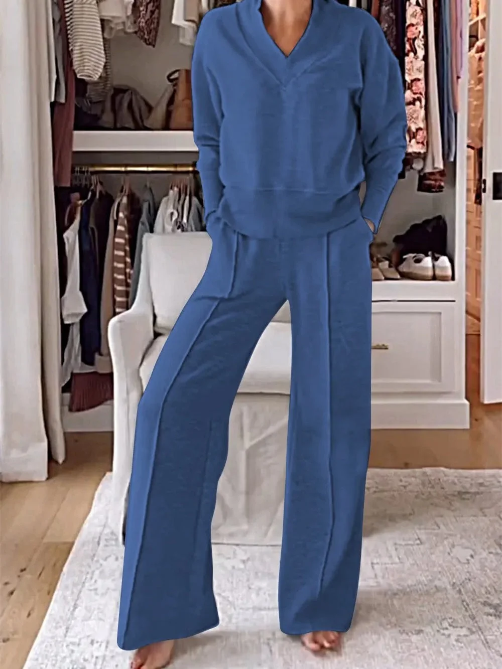 Women's Long Sleeve Hooded Loose Solid Pockets Bottoms&Tops Sets