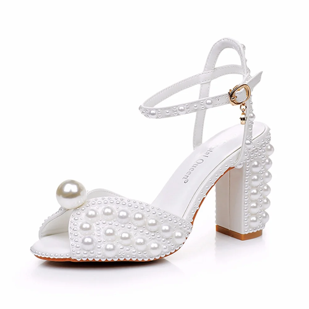 Breakj Breakj Cm Coarse Heel Sandals Square Coarse Sandals White Pearl Wedding Dress Sandals Pearl Wedding Shoes Women
