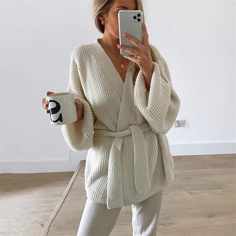 Forefair V Neck Knitted Oversized Long Sleeve Women Cardigan 2021 Autumn Winter Casual Women's Cardigans Sweaters