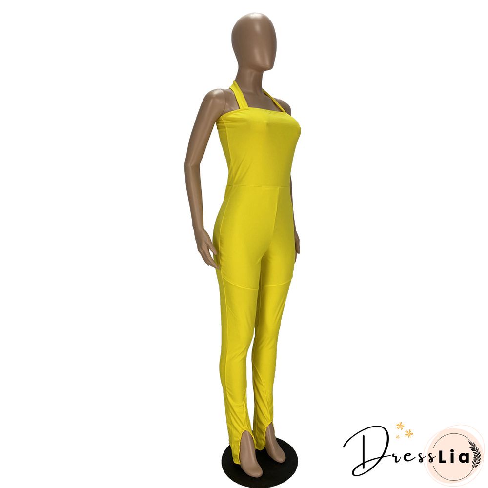 Women Solid Color Sportswear Sleeveless Halter Bodycon Jumpsuits