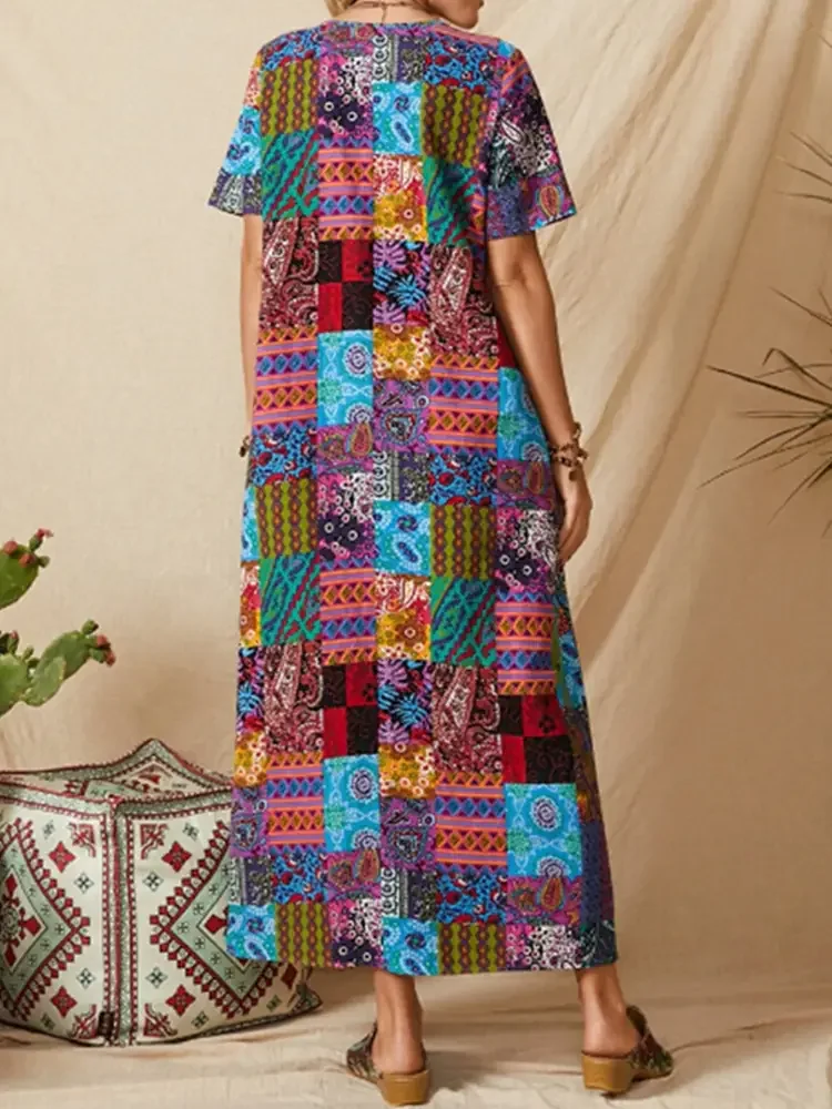 Women's New Fashion Ethnic Style Loose V-neck Print Maxi Dress