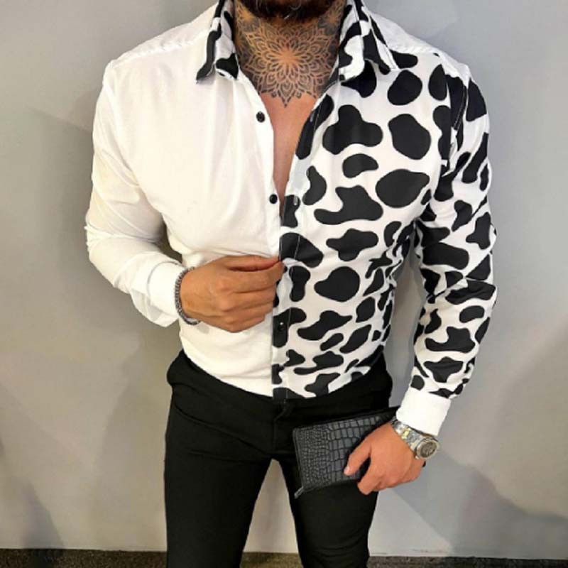 Trendy Paneled Cow Pattern Long Sleeve Shirt wearshes