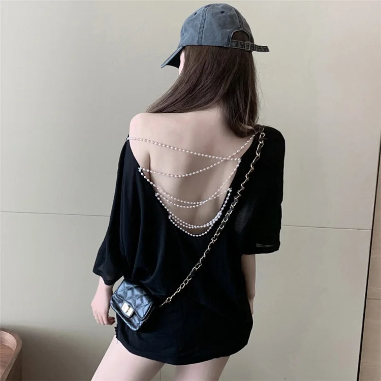 Hollow Out Pearl Chain Sunscreen T-Shirt - Modakawa Modakawa