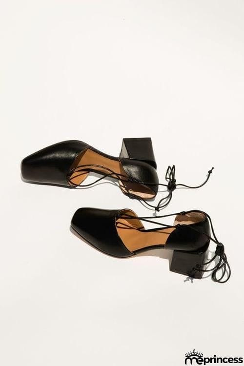Square Toe Lace Up Thick Heel Pumps