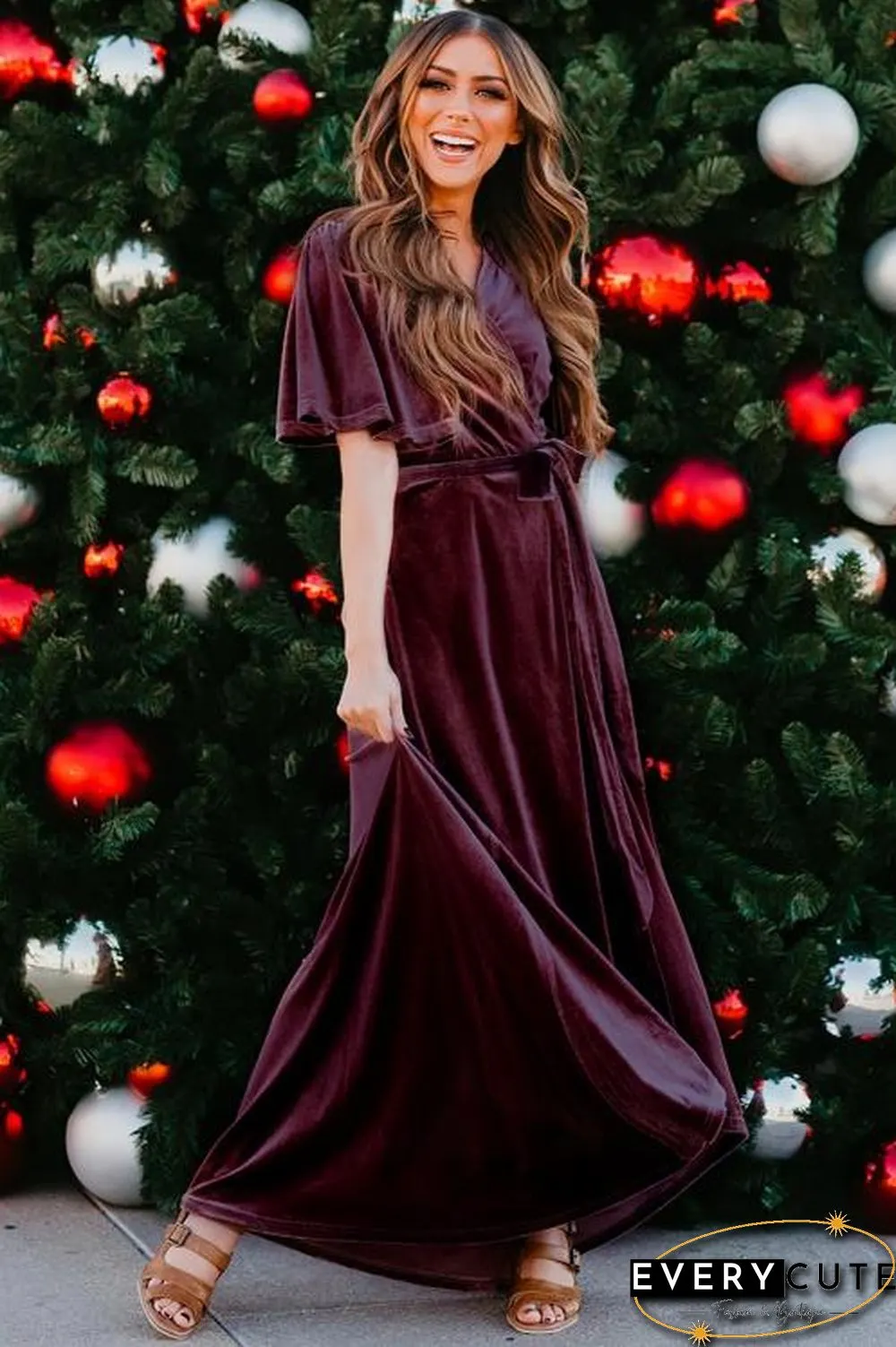 Wine Red Velvet Pleated Wrap Tie Waist Maxi Dress